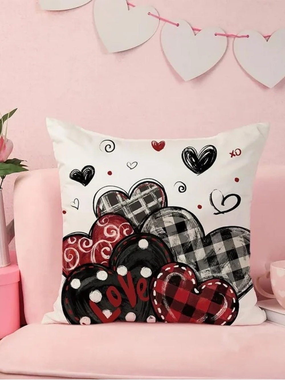 NWT! Set of 2 Hearts on Canvas Decorative Throw Pillow Covers- White, Red &Black